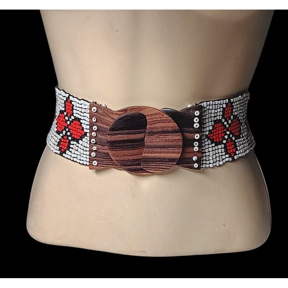 Wide Belt Stretch Red Star Flowers Beaded Boho Tribal Stretchy Wooden Buckle main image 4